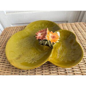 Vintage Mid-Century Modern California Pottery Green Floral Divided Serving Dish